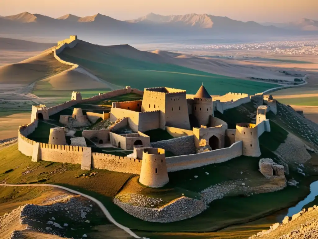 Ruinas ancestrales de una fortaleza mongol en Siria, bañadas por la cálida luz del atardecer