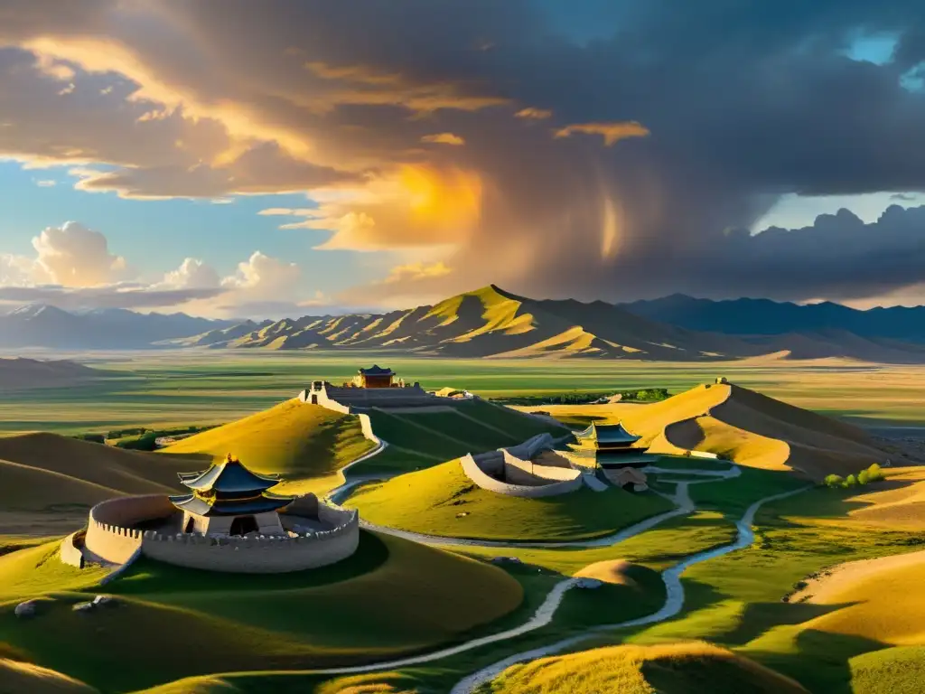 Ruinas ancestrales en paisaje mongol, con cielo dramático