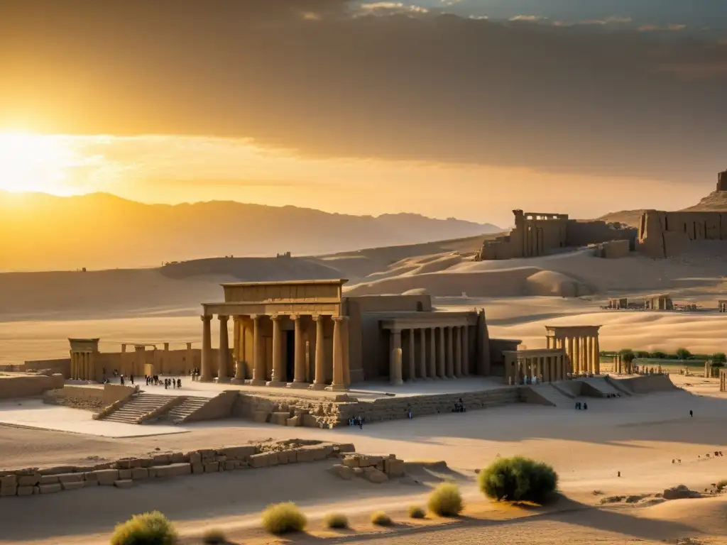 Ruinas de la antigua Persepolis al atardecer, destacando los detalles intrincados del Palacio Apadana y las columnas, con visitantes en la distancia