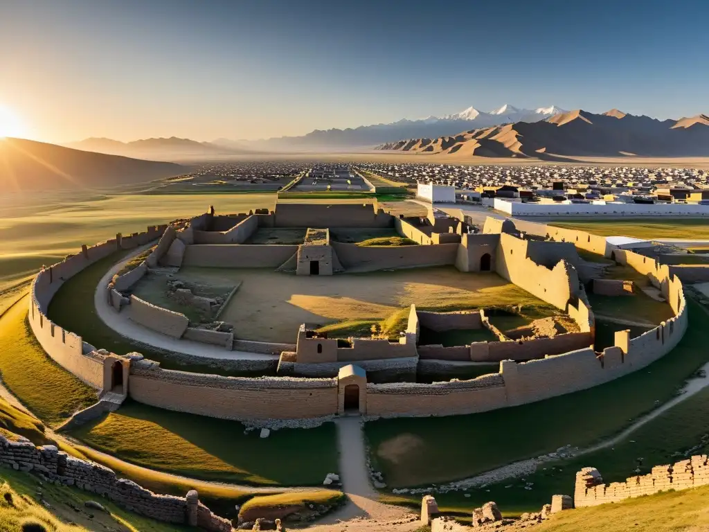 Ruinas de la antigua capital del Imperio Mongol, Karakorum, con el sol poniéndose tras los muros derruidos y restos dispersos