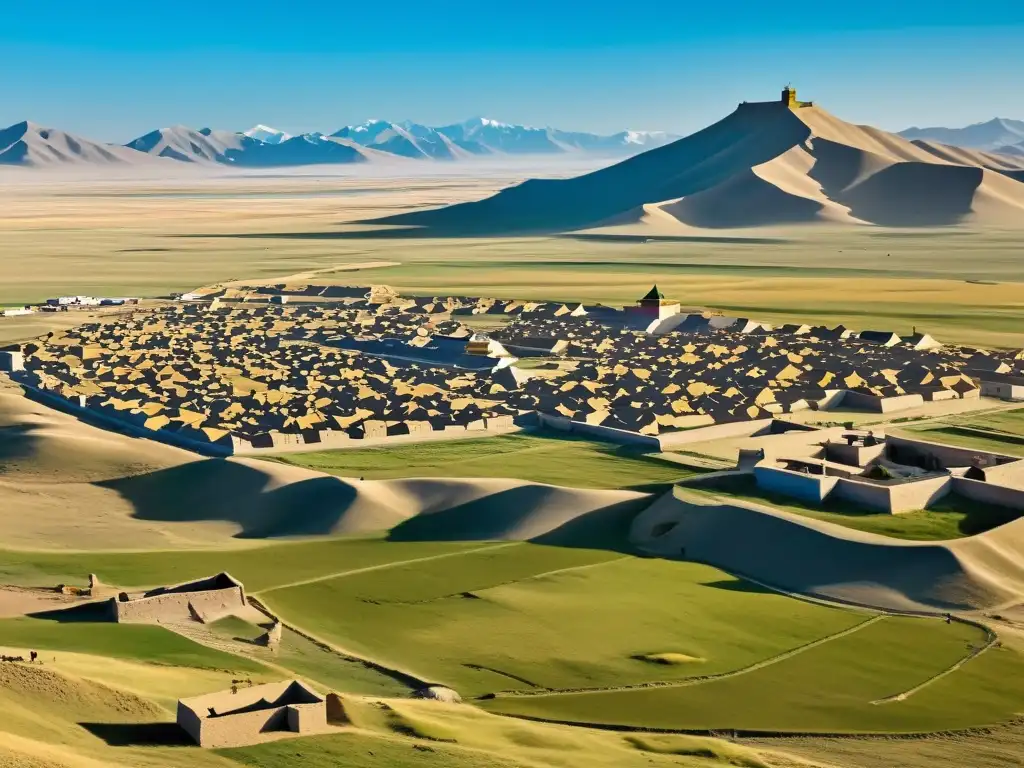 Ruinas de Karakorum, antigua capital del Imperio Mongol de Genghis Khan, con el Monasterio de Erdene Zuu en primer plano