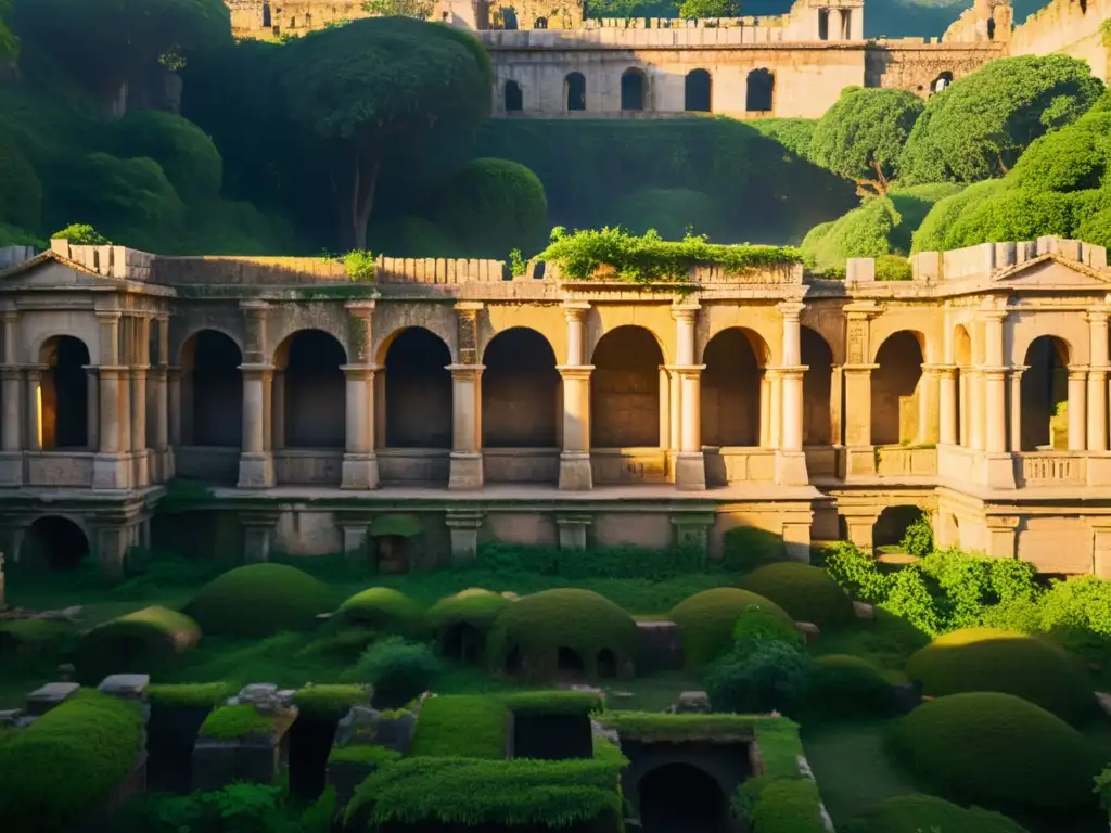 Ruinas de una antigua ciudad con estructuras de piedra y vegetación exuberante, bañadas por la luz dorada del atardecer