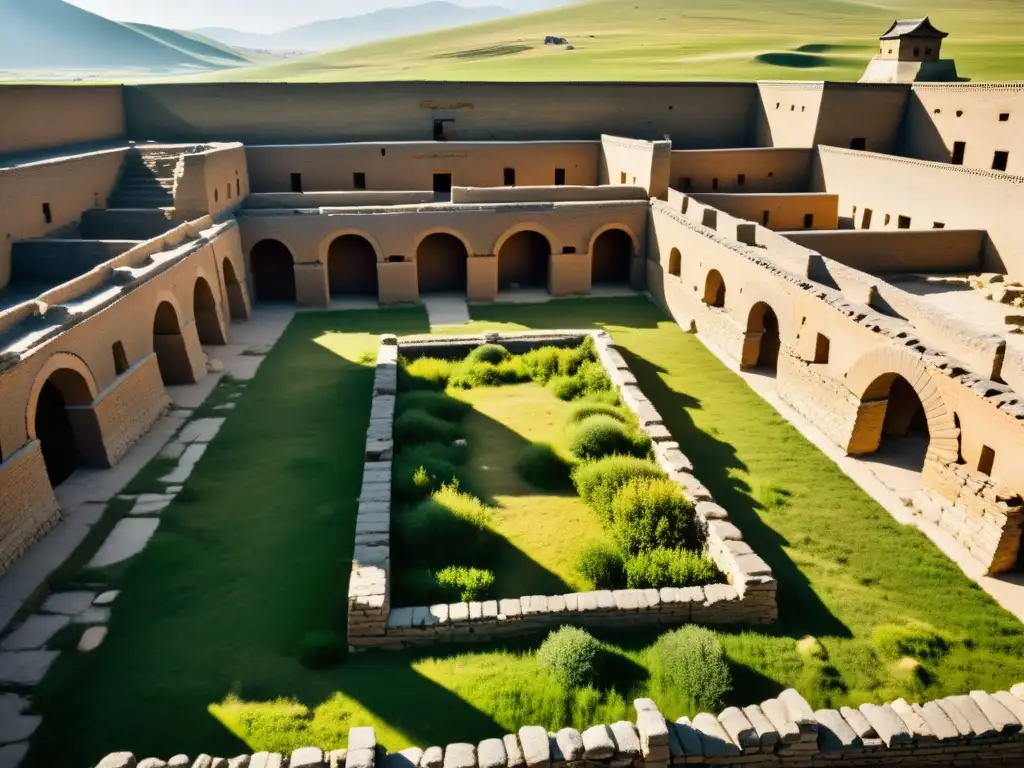 Ruinas de una antigua ciudad mongol en Asia Central, con muros derrumbados, restos de palacios y patios cubiertos de vegetación