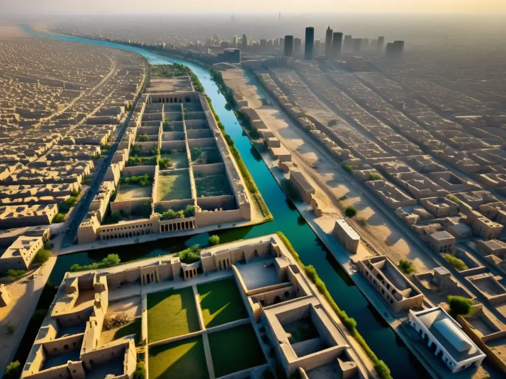 Ruinas de la antigua ciudad de Bagdad, con restos de su espléndida arquitectura islámica y el paisaje urbano moderno