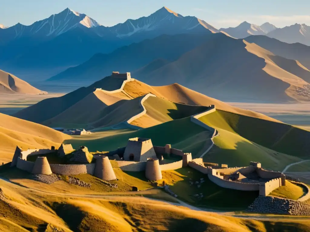 Ruinas de una antigua fortaleza mongol al atardecer, con un paisaje dramático