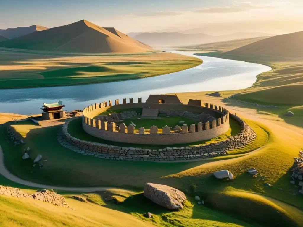 Ruinas antiguas bañadas por el cálido sol del atardecer a lo largo del río Orkhon, transmitiendo historia, cultura y legado Mongol