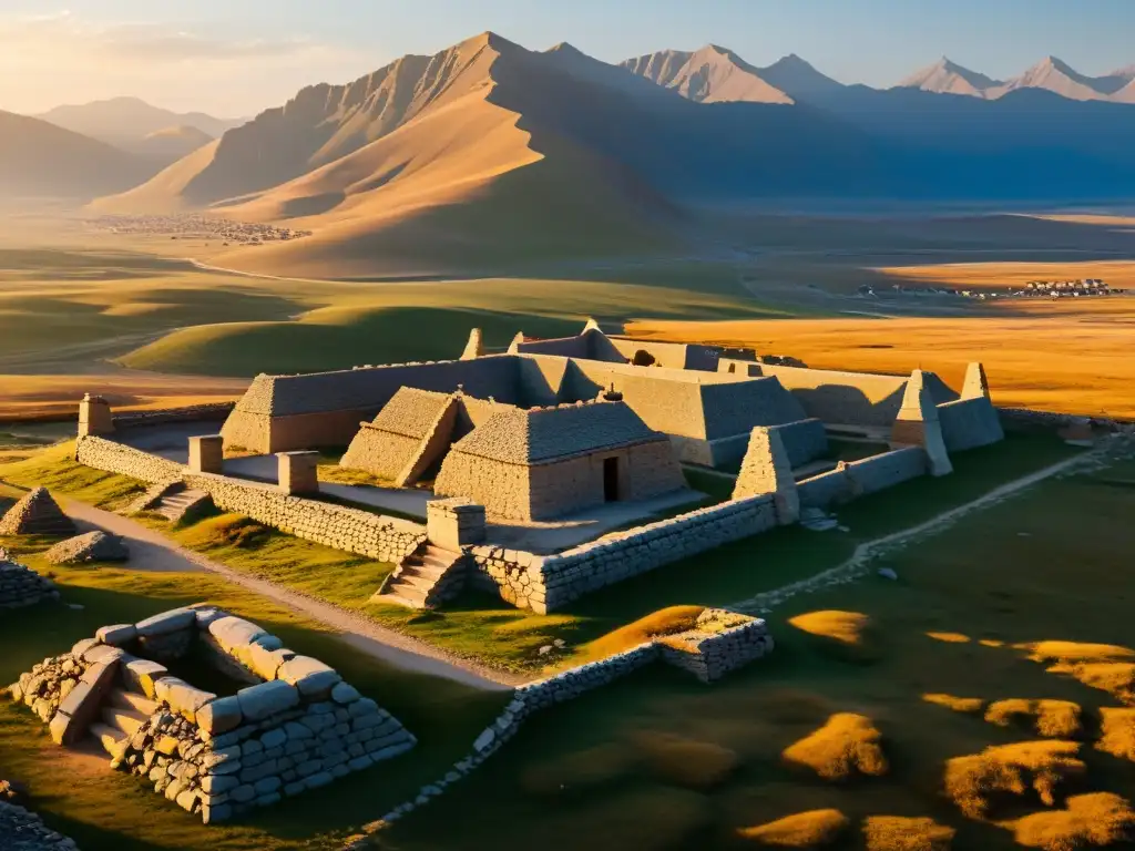 Ruinas antiguas de la capital Avarga, Imperio Mongol, bañadas por la cálida luz dorada del atardecer, evocando su legado histórico