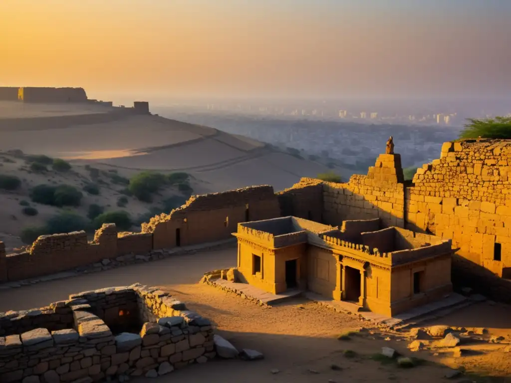 Ruinas de Khar Balgas Uighur: Antiguas estructuras de piedra bañadas por la cálida luz del atardecer, con una figura solitaria a lo lejos