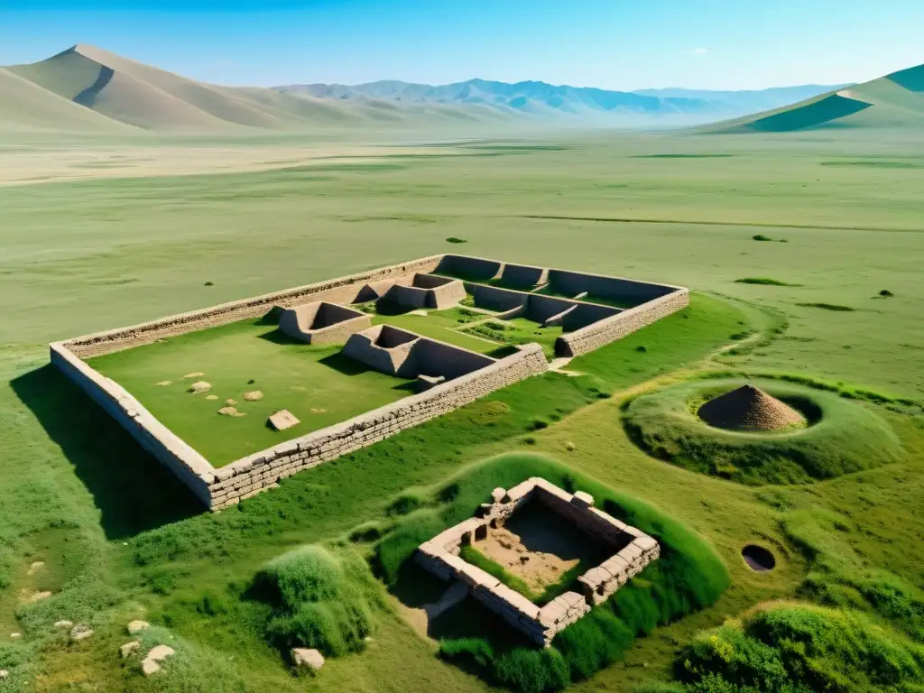 Ruinas antiguas rodeadas de biodiversidad en las estepas premongolas, evocando la historia de la región