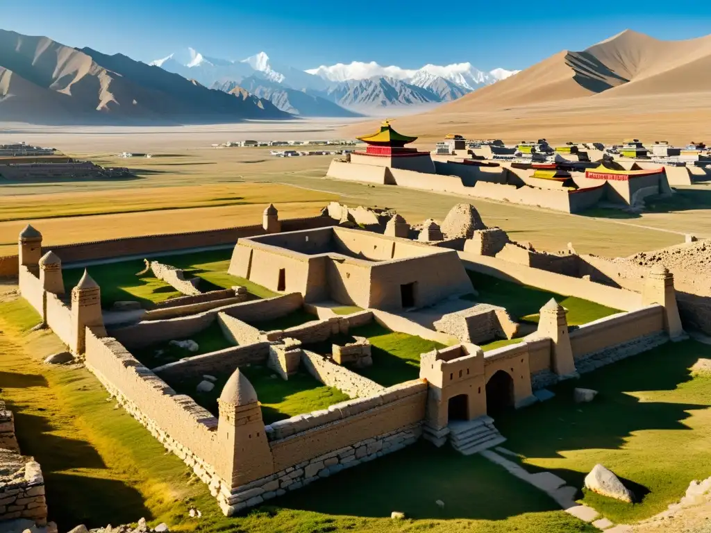 Ruinas del antiguo Karakorum, capital del Imperio Mongol, con detalles de palacios y templos, bajo la luz cálida