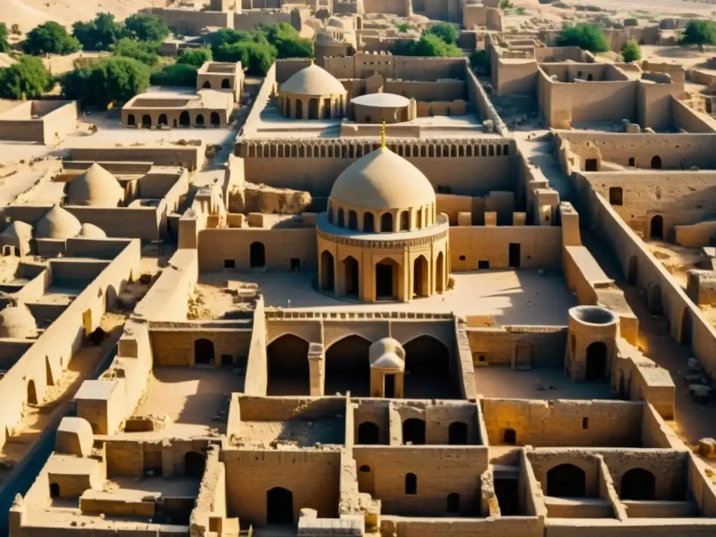 Ruinas del antiguo Bagdad, con minaretes derruidos y palacios en ruinas, iluminados por la cálida luz dorada del atardecer