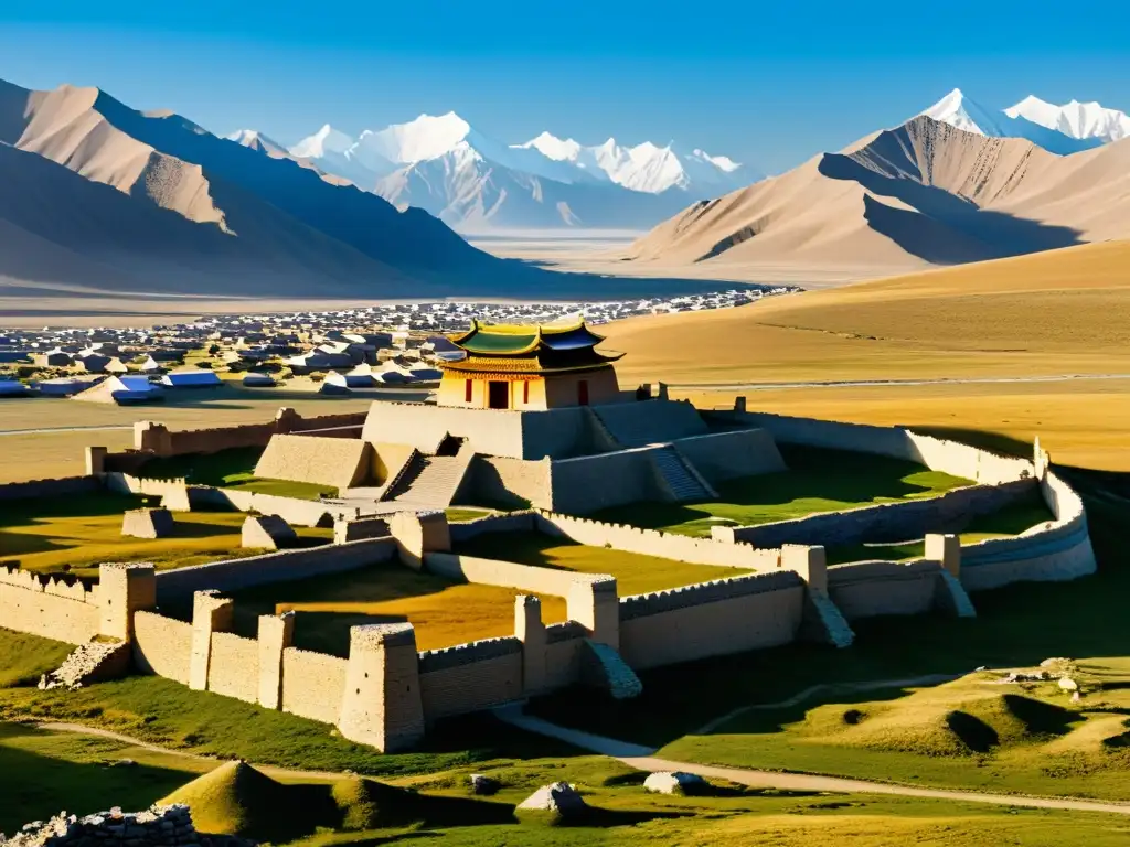 Ruinas del antiguo Karakorum, legado perdido del Imperio Mongol, bañadas por la luz dorada, con paisaje mongol al fondo