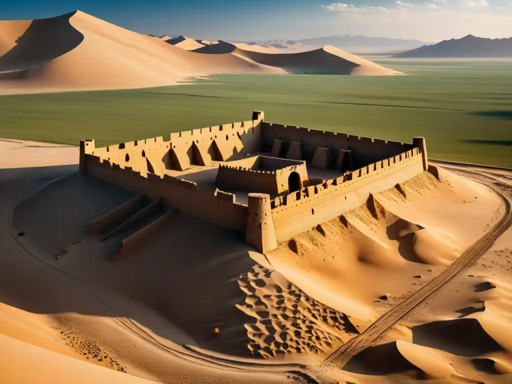 Las ruinas de un antiguo puesto mongol en el desierto africano, con restos de una fortaleza de piedra y armamento esparcido