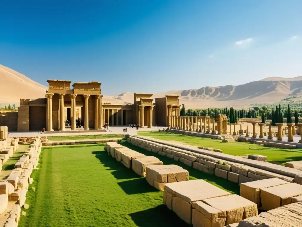 Esplendor dorado: Ruinas de Persepolis, símbolo de historia y resiliencia Ruinas de Persepolis bañadas en luz dorada, con columnas y relieves frente al cielo azul