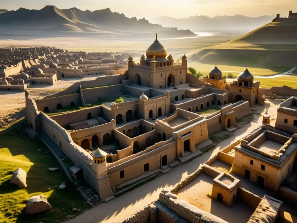 Ruinas de la capital de la Horda de Oro, Sarai Batu, evocando la historia de la corte Sarai con sus detalles arquitectónicos y sombras dramáticas