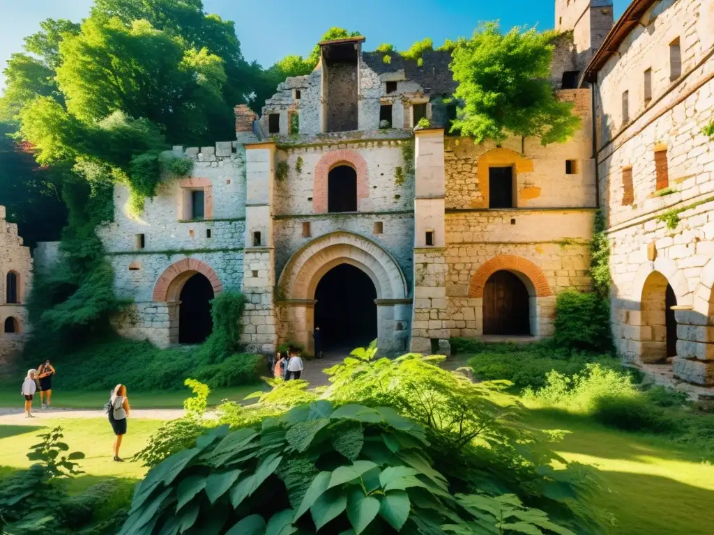 Ruinas de un castillo medieval polaco invadido por la naturaleza, con turistas escuchando la historia de las conquistas mongoles en Polonia