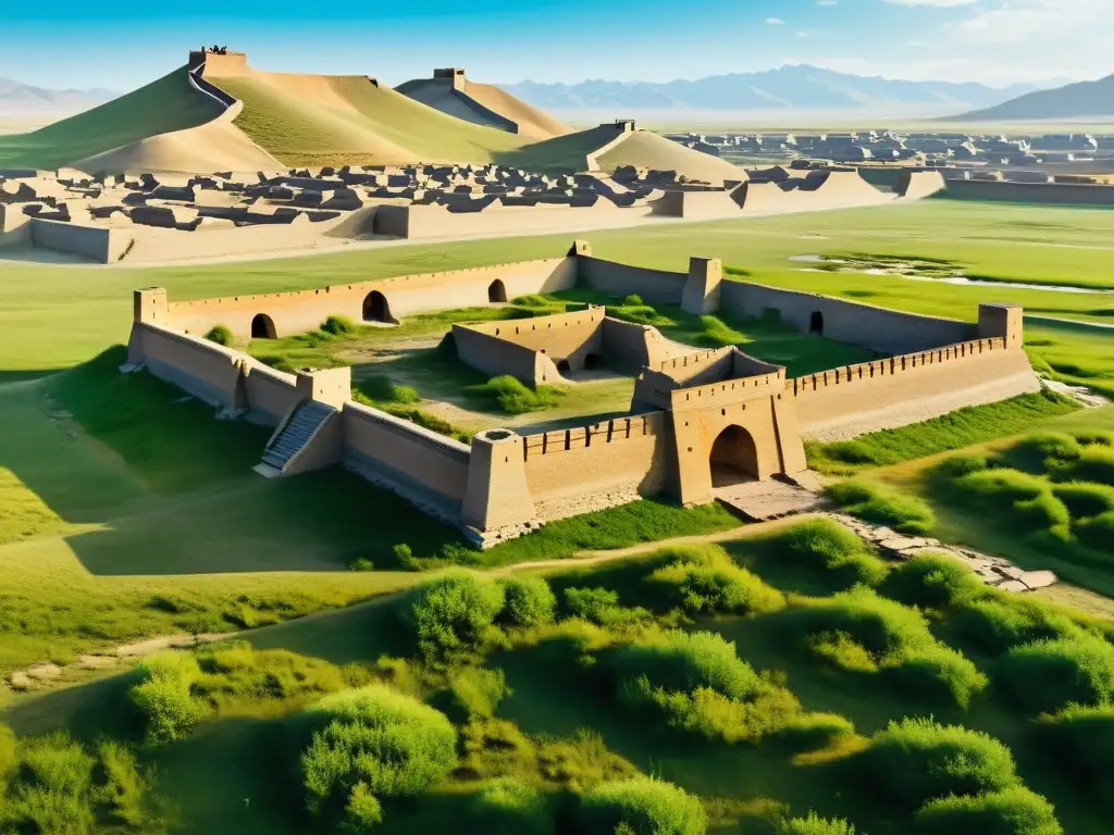 Ruinas de una ciudad mongol antigua, con muros derruidos y vestigios de un próspero imperio