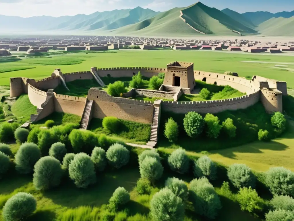 Ruinas de una ciudad del antiguo Imperio Mongol, con muros derruidos y vegetación