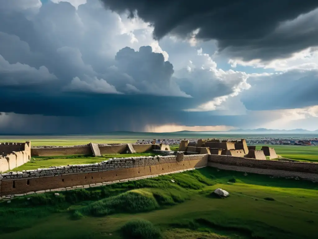 Ruinas de una ciudad del imperio mongol, con detalles arquitectónicos, cielo tormentoso y atmósfera misteriosa