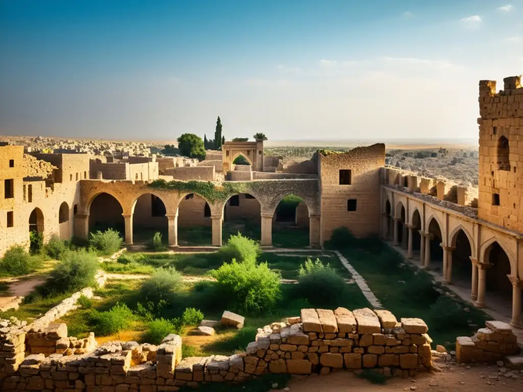 Ruinas de una ciudad en el Medio Oriente, con desolación, vegetación y antigua arquitectura