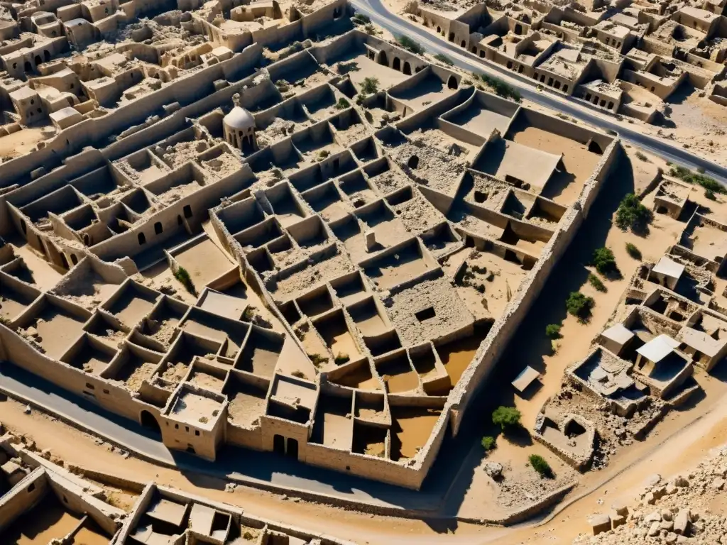 Ruinas de una ciudad en el Medio Oriente devastada por la remodelación urbana del Imperio Mongol, donde solo algunos edificios se mantienen en pie