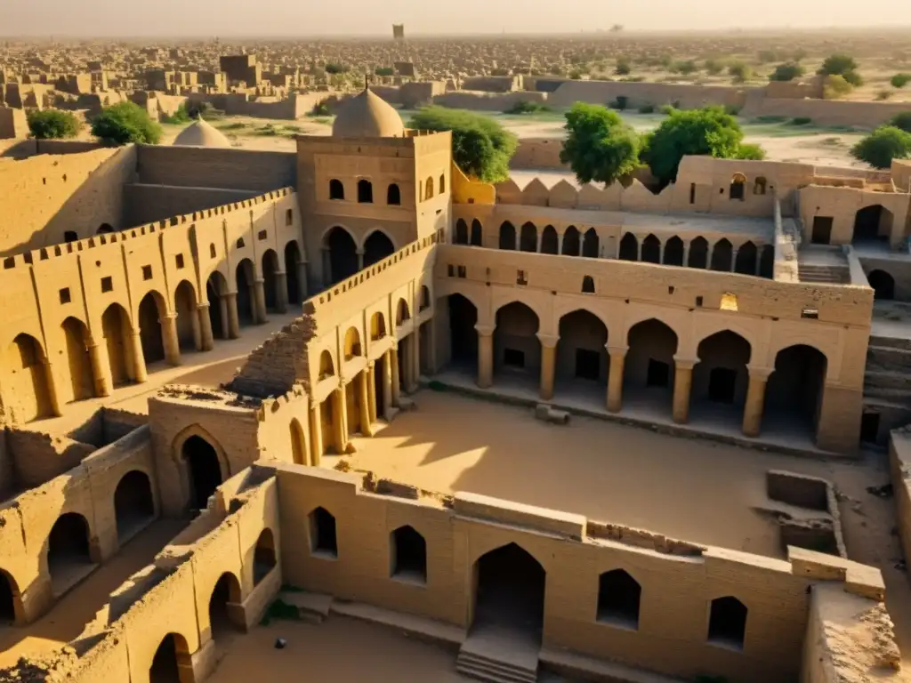 Ruinas doradas de la antigua ciudad de Baghdad al atardecer, evocando la conquista y diplomacia de Hulagu Khan