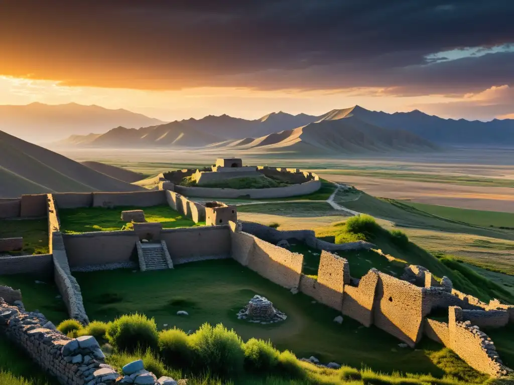 Ruinas de una fortaleza del antiguo imperio mongol en el atardecer, mostrando grandiosidad y decadencia