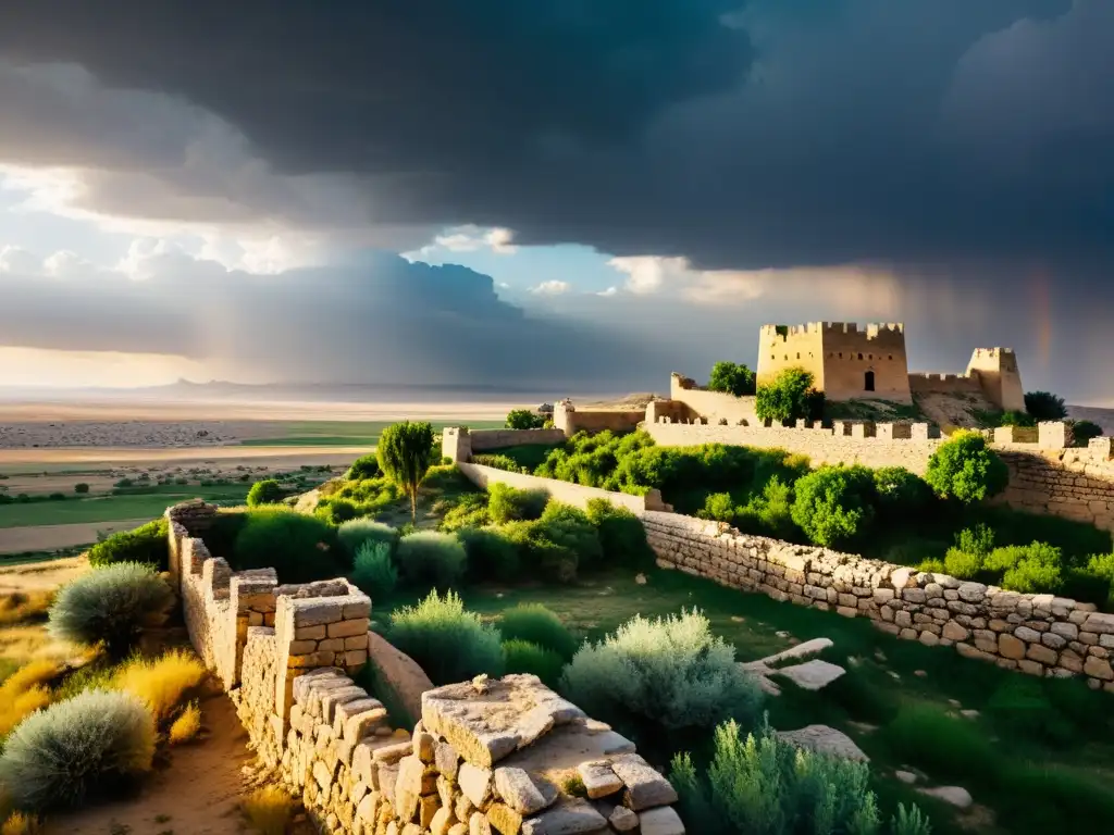 Ruinas de una fortaleza del Ilkanato en Medio Oriente con cielo dramático y vegetación