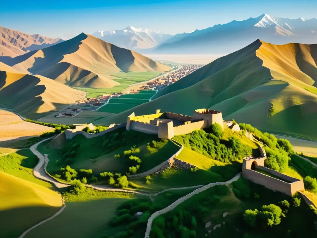 Ruinas de una fortaleza del Imperio Mongol en Asia, con majestuosa arquitectura en declive y montañas centrales asiáticas al fondo