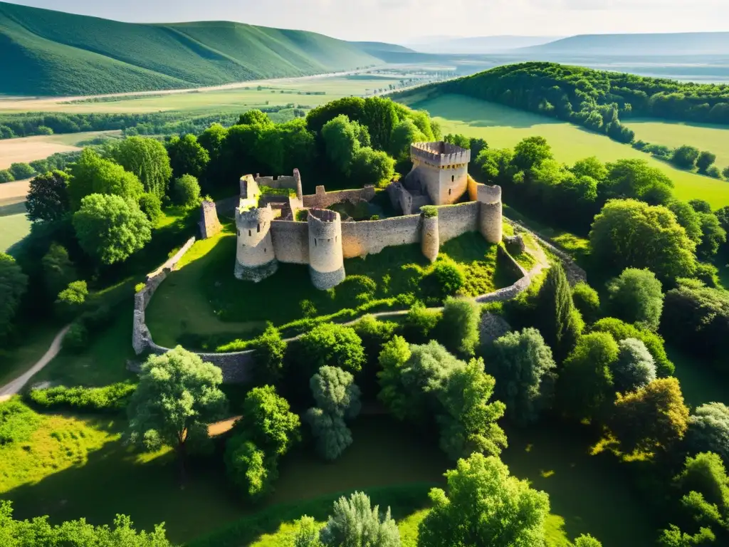 Ruinas de fortaleza medieval en Europa del Este, con misteriosas sombras y legado de Genghis Khan