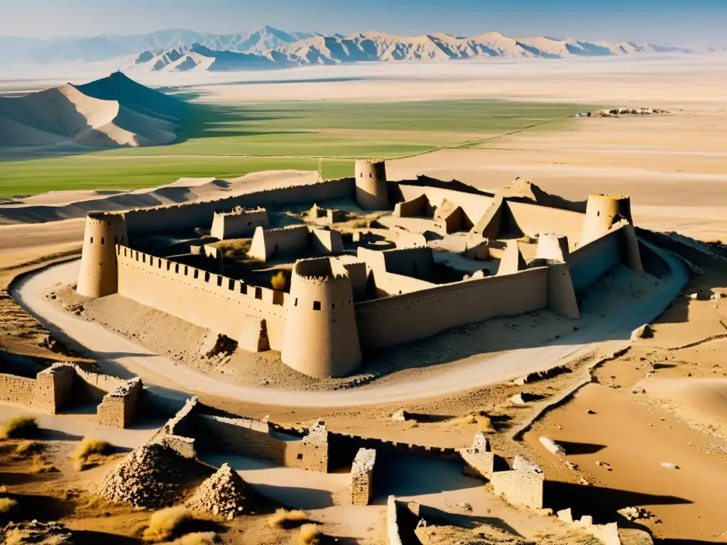 Ruinas de una fortaleza en Medio Oriente con tácticas de guerra del Imperio Mongol visibles entre las antiguas defensas