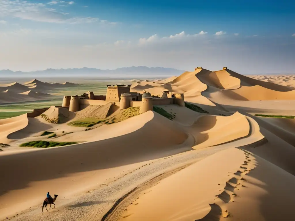 Ruinas de una fortaleza mongol en la Ruta de la Seda, evocando el declive del control mongol y el legado perdurable de la ruta comercial