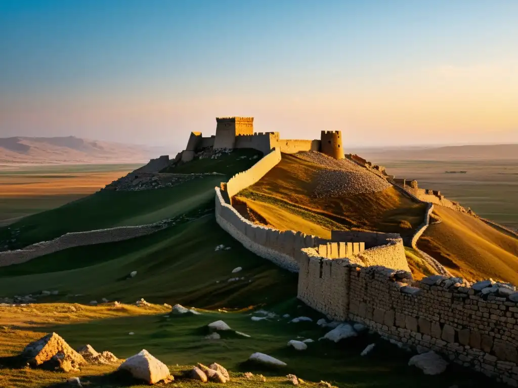 Ruinas de una fortaleza mongol en Siria al atardecer, con detalles intrincados y una atmósfera histórica