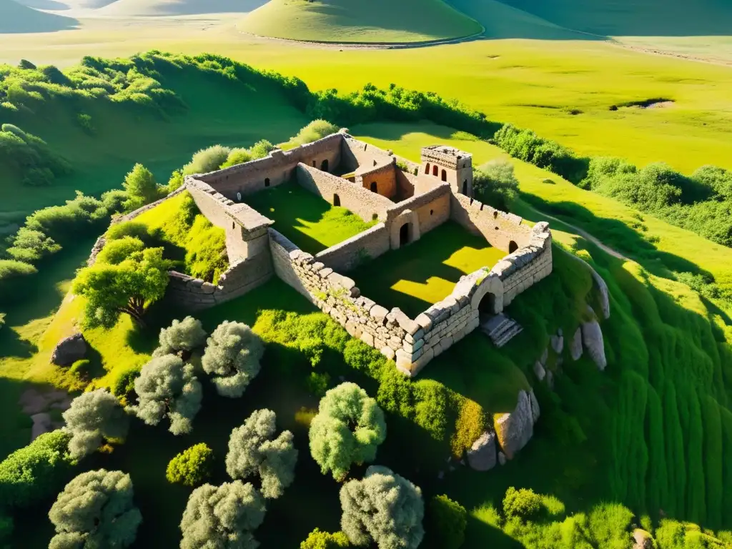 Ruinas de una fortaleza mongola con muros cubiertos de musgo y restos de arquitectura antigua, rodeados de exuberante vegetación