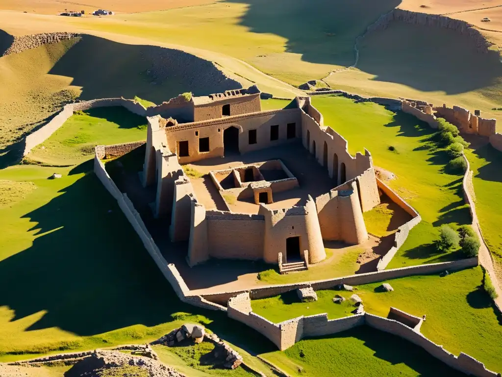 Ruinas de Khar Balgas Uighur: impresionante paisaje de la antigua ciudad rodeada por el áspero paisaje mongol, iluminada por el sol