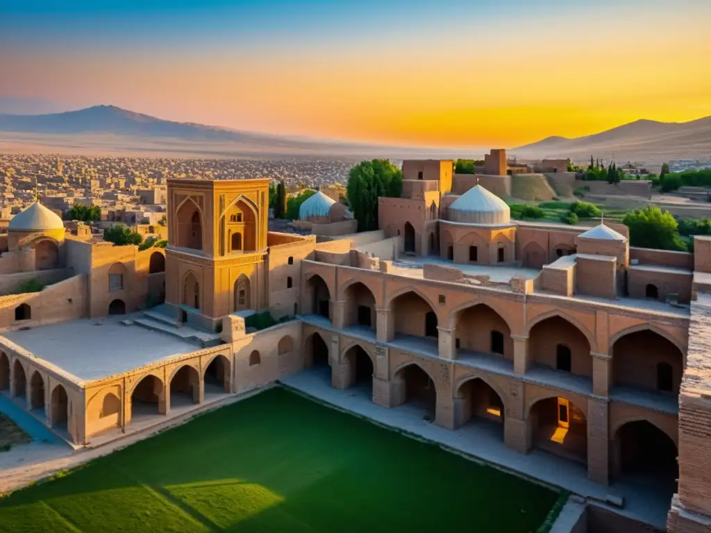 Ruinas de la majestuosa capital del Ilkanato, Tabriz, contrastando con un vibrante atardecer