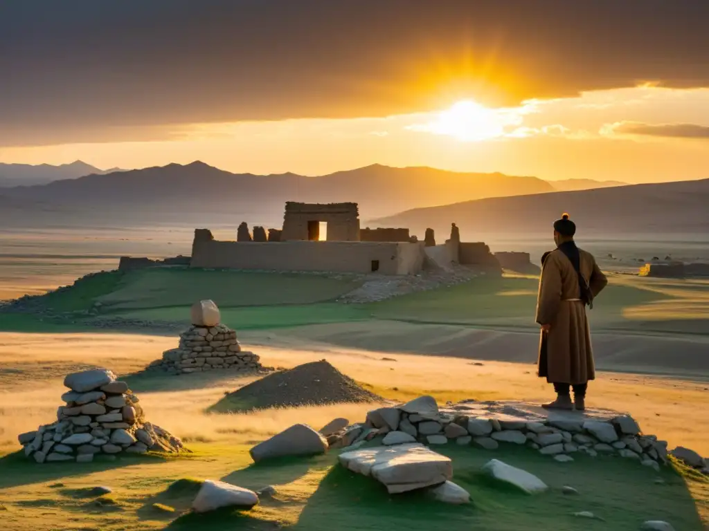 Ruinas de Khar Balgas Uighur: Majestuosas ruinas antiguas en la vasta y evocadora tierra de Mongolia al atardecer