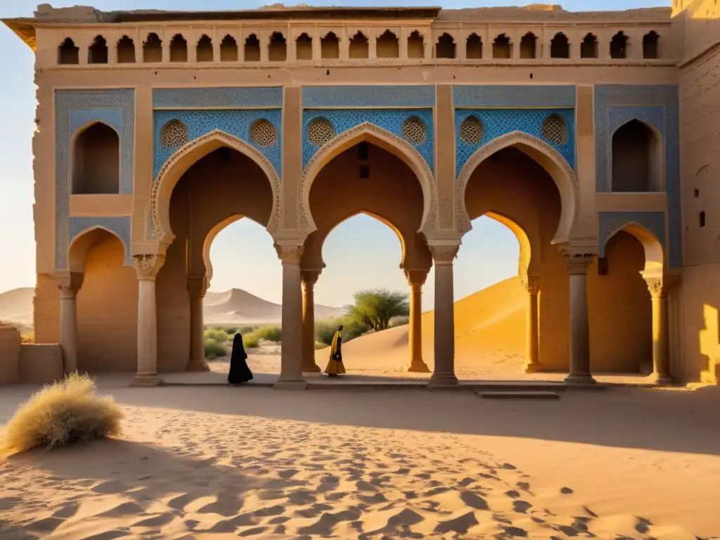 Las ruinas de un majestuoso palacio persa, parcialmente cubierto de arena, resplandecen bajo el sol dorado del desierto