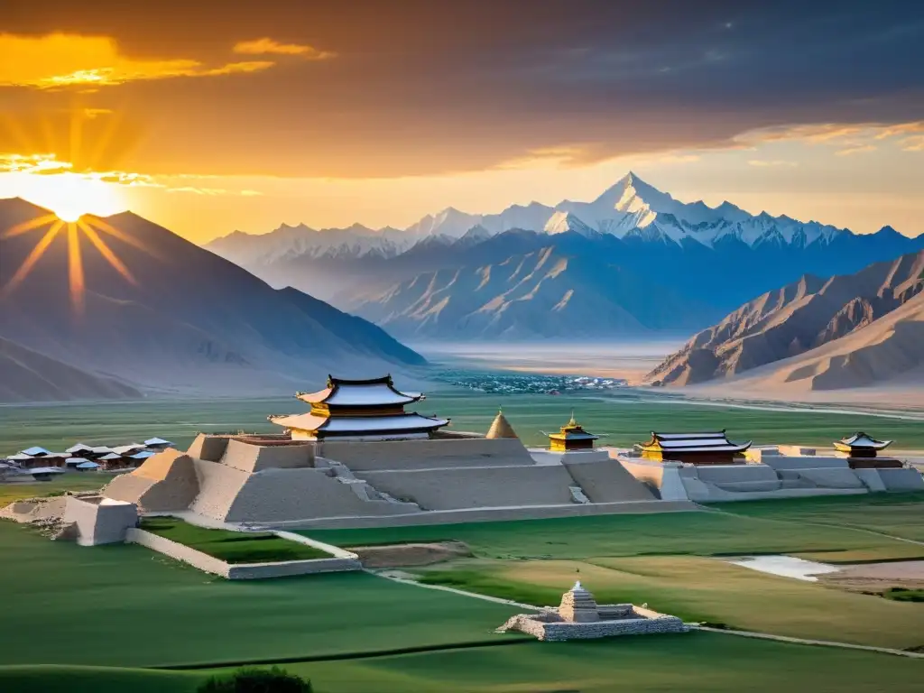 Ruinas de Karakorum y el Monasterio Erdene Zuu con el sol cayendo sobre las montañas, representando el legado del Imperio Mongol