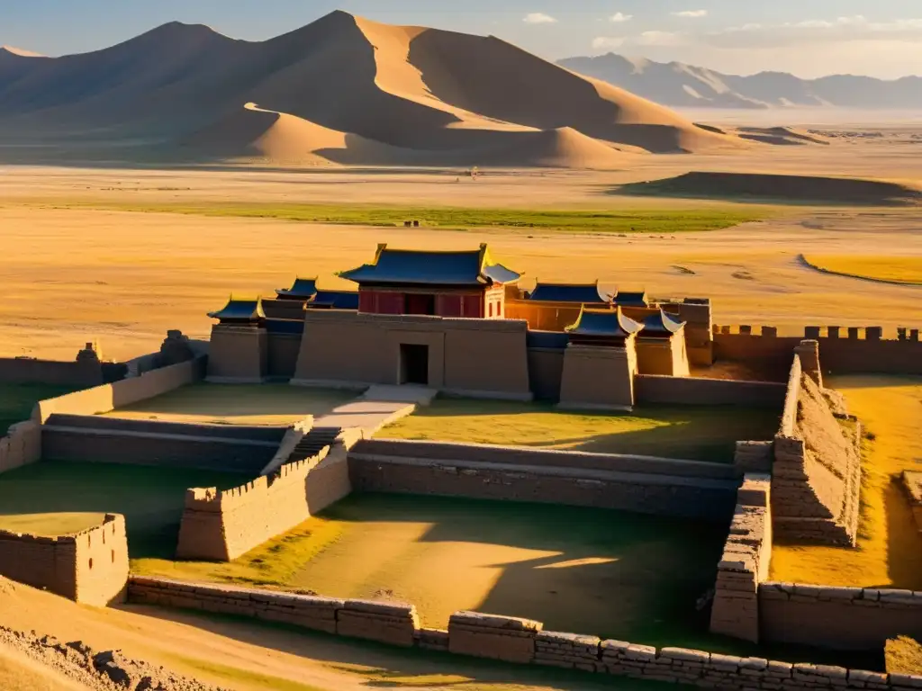 Ruinas del palacio imperial en la antigua capital Avarga, con la vasta estepa mongola al fondo, bañadas por la suave luz dorada del atardecer