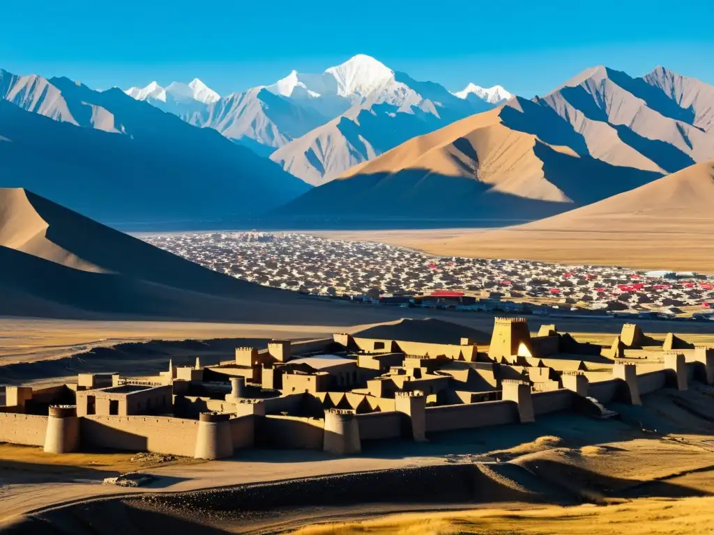 Ruinas del palacio del Khan en contraste con la vida urbana moderna en Karakorum, Mongolia