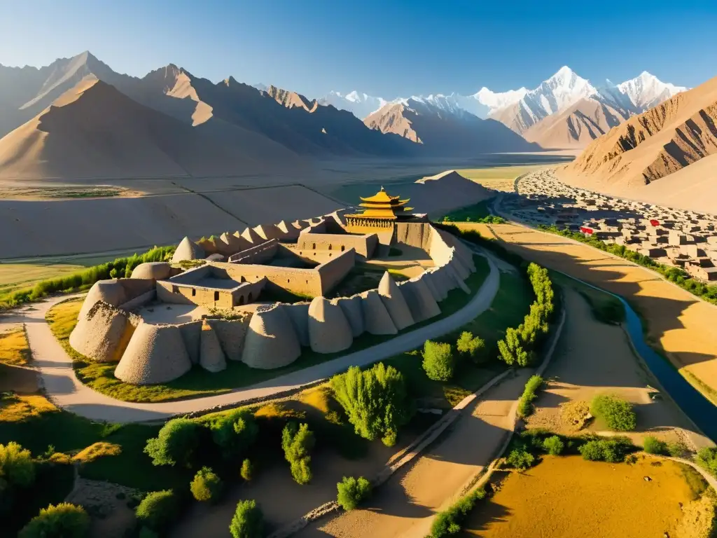 Ruinas del palacio del Gran Kan y Roca Tortuga en Karakorum, con la luz dorada del atardecer