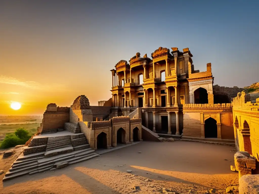 Ruinas del palacio del Khan en Sarai Batu, legado del Khanato Horda de Oro en Europa, destacado por el atardecer dorado