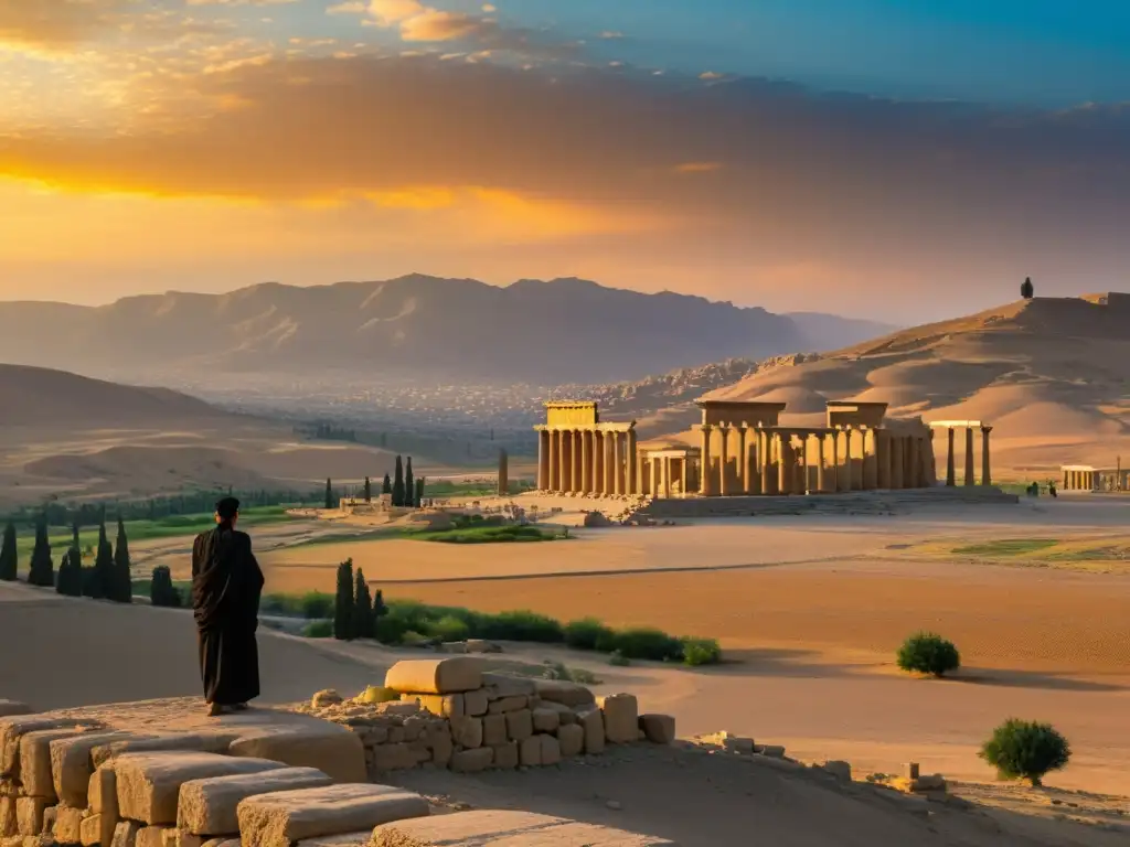 Ruinas de Persepolis al atardecer, reflejando la grandeza y tristeza de las conquistas y cultura del Imperio Mongol