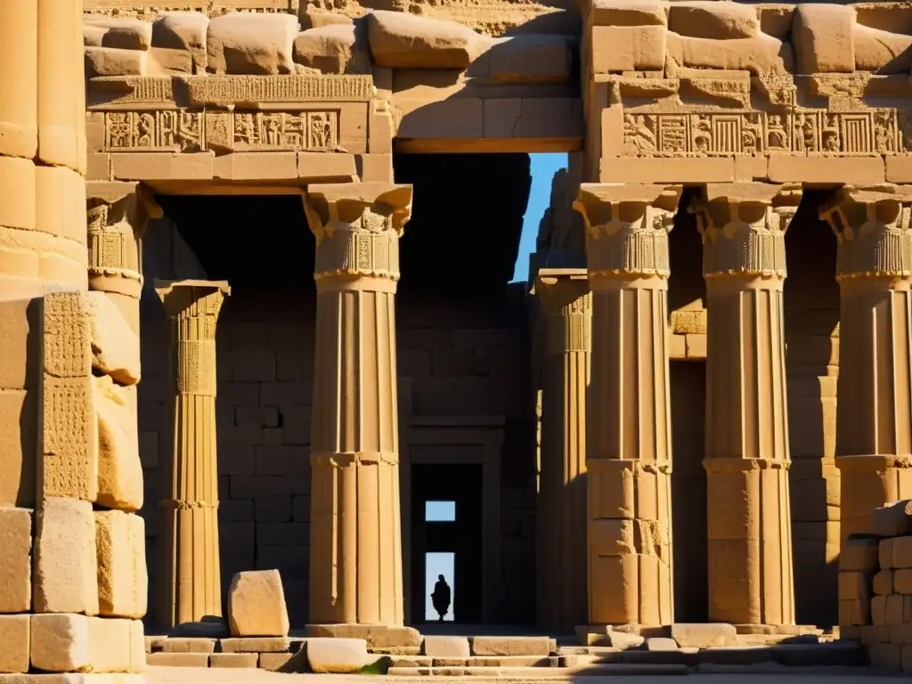 Ruinas de Persepolis con influencias arquitectónicas mongolas y persas, bañadas por la cálida luz dorada del atardecer