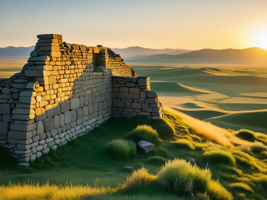 Ruinas de piedra en la estepa mongola, con el sol poniente iluminando el legado perdido del Imperio Mongol