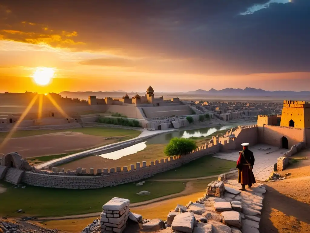 Ruinas de Sarai Batu, antigua capital del Khanato de la Horda de Oro en Europa, con el sol poniéndose detrás de la ciudad