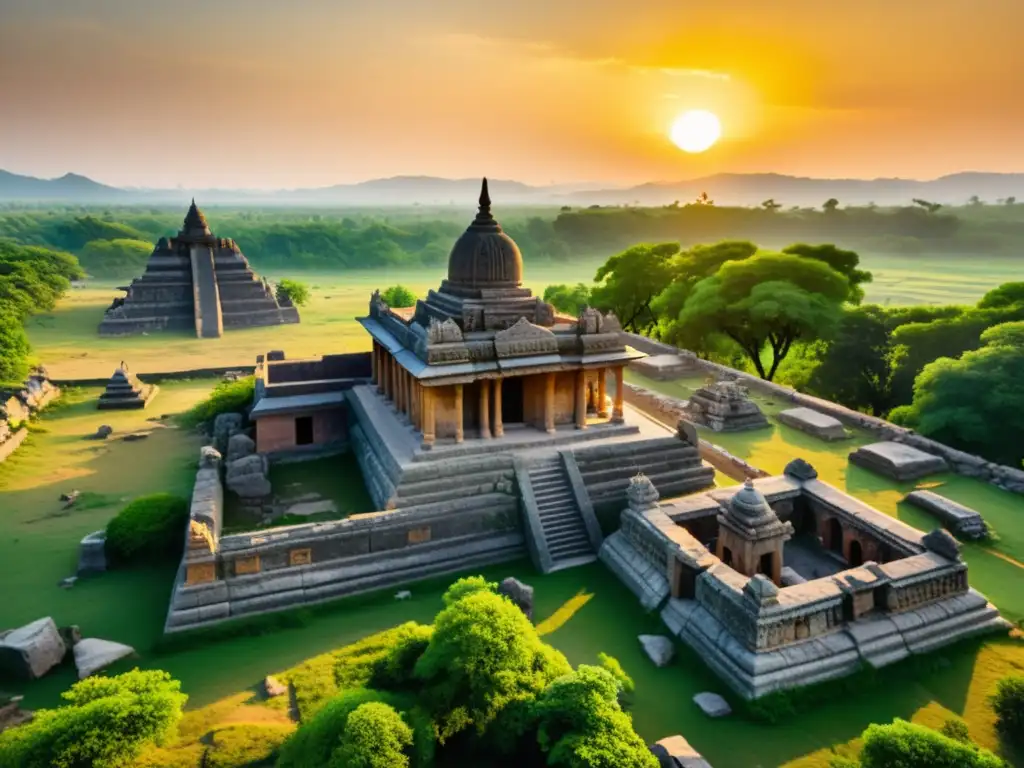 Ruinas de la invasión mongol en India: belleza y destrucción Ruinas de templos y palacios en India tras invasiones mongoles, con exuberante vegetación y esculturas en piedra