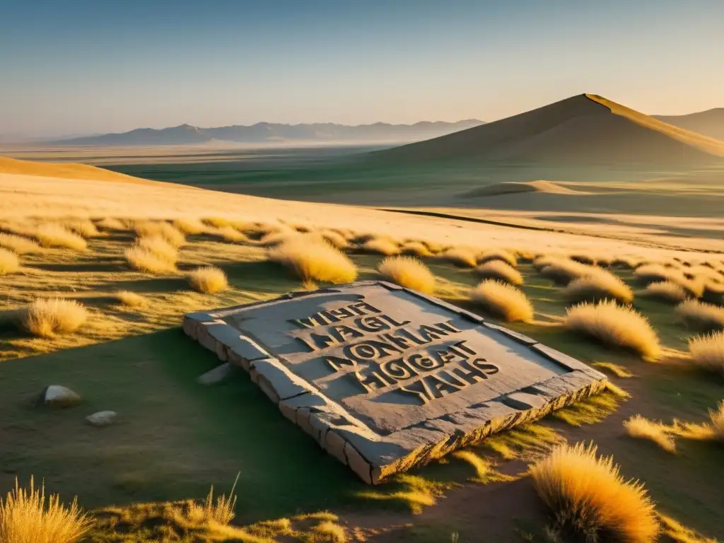 Ruinas de yurtas en las vastas estepas de Mongolia al atardecer, evocando el legado yasas Gengis Khan Imperio