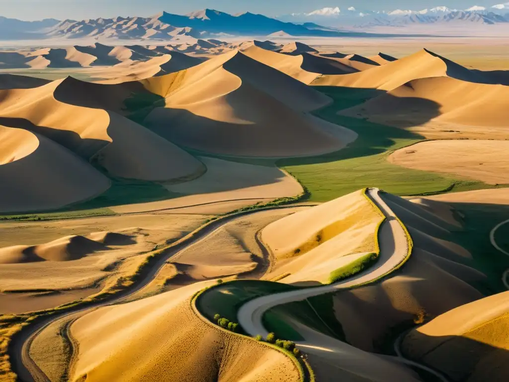 Rutas comerciales menores Imperio Mongol: Caravana solitaria en la antigua Ruta de la Seda, bañada por la cálida luz del atardecer en la estepa mongol